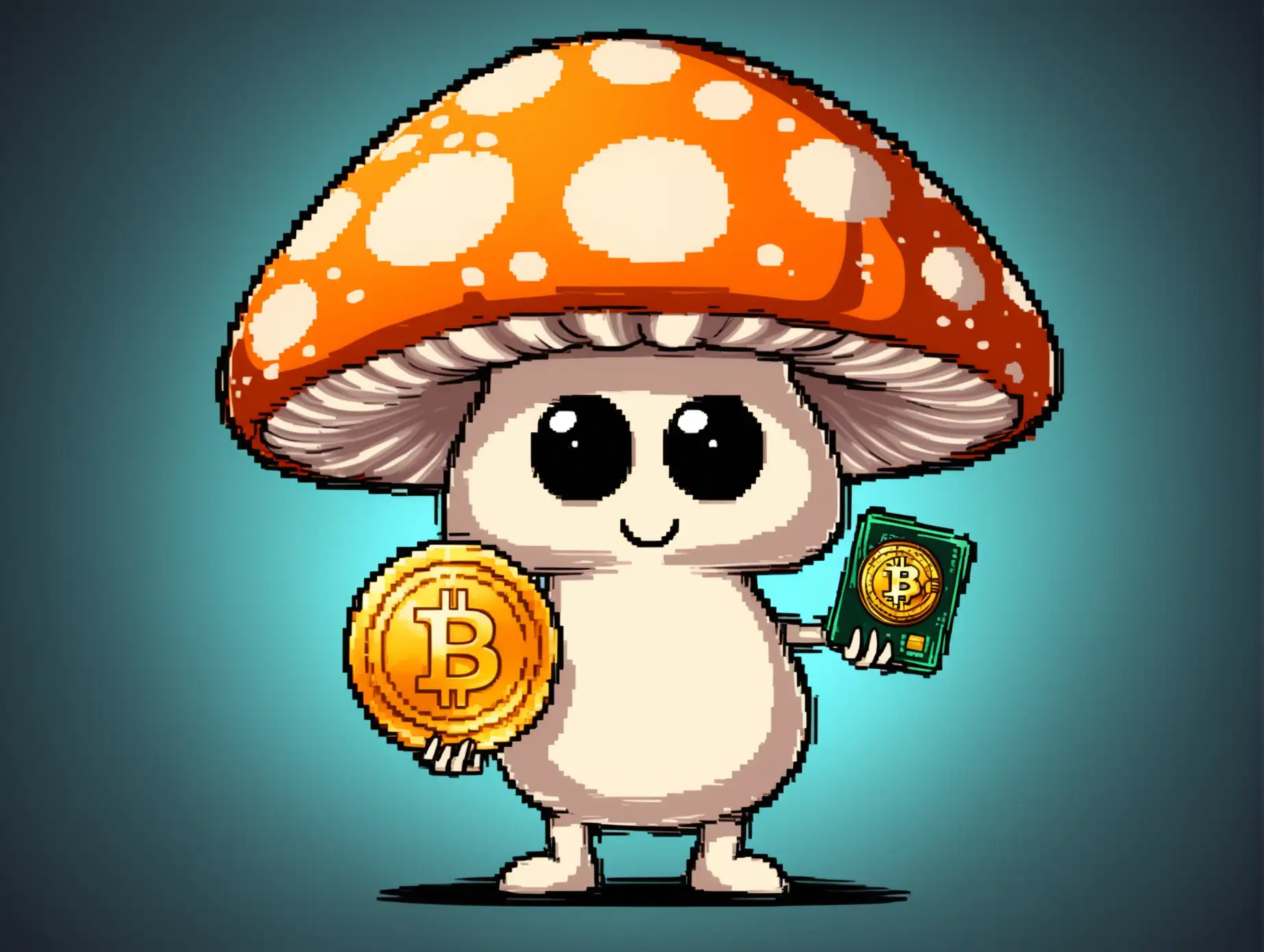 cool mushroom character holding a bitcoin