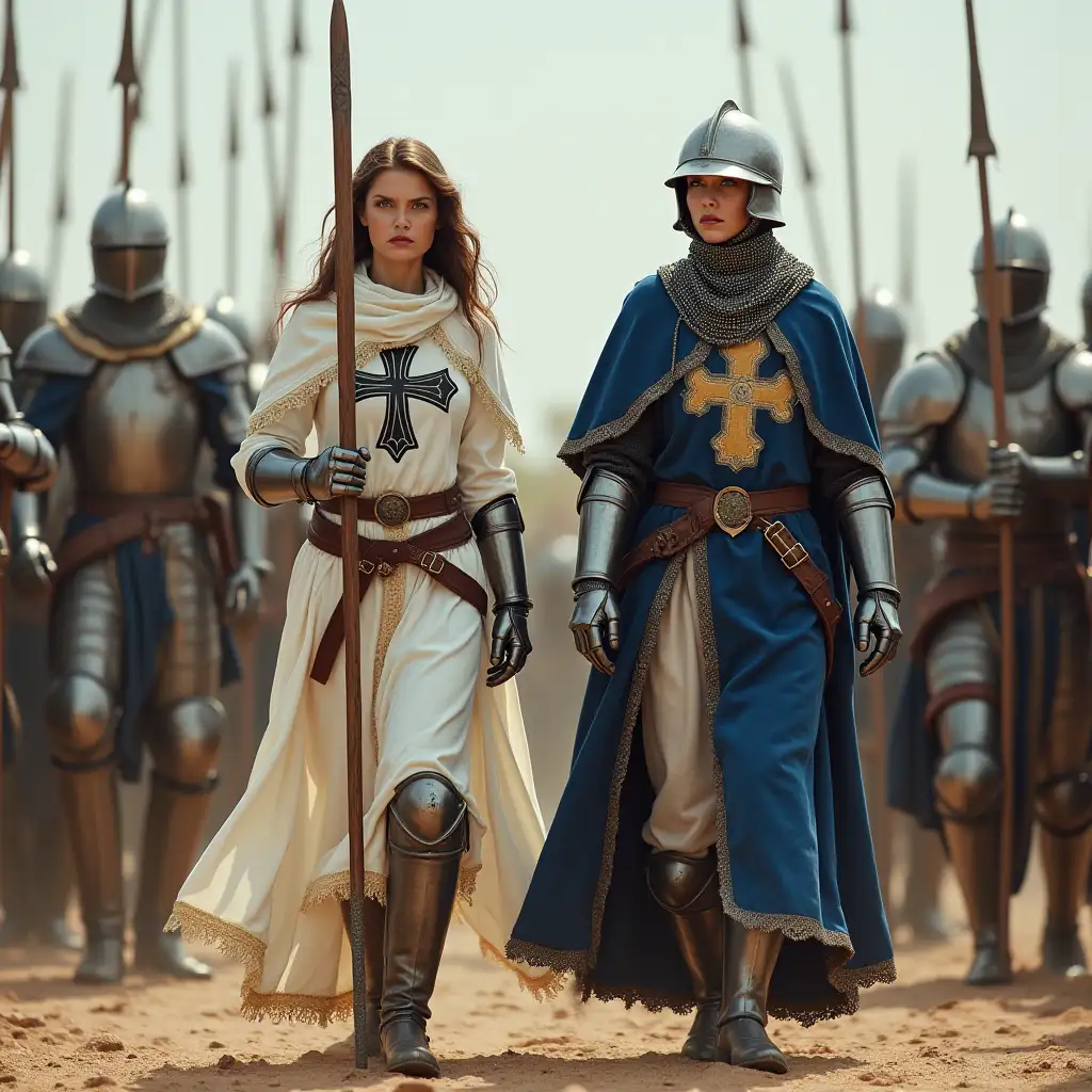 Beautiful, angry, young, athletic, slender, female knight, dressed in a long, white cloak decorated with gold edging, in plate gloves, in plate boots, in a chain mail balaclava, in a helmet, on her lips is red lipstick, on her face is foundation, on her chest is embroidered with gold threads a black cross, in her hands is a sword, next to her stands a beautiful, young, athletic, slender, female knight with a spear, dressed in a blue, long cloak decorated with gold edging, on her chest is embroidered a gold Jerusalem cross, in plate boots, in plate gloves, in a chain mail balaclava, in a helmet, on her lips is red lipstick, on her face is foundation, next to two female knights stand in full growth two male knights, with swords, dressed in long, blue cloaks, with gold thread embroidered in gold, Jerusalem cross on the chest, in plate boots, in plate gloves, in chain mail balaclavas, in plate helmets, enemy, Muslim warriors, dressed in white turbans, in white linen masks, in long, plate chain mail, in plate boots, in plate gloves, each Muslim warrior has a spear in his hands, from all sides surrounded two female knights, two male knights, on the battlefield, in the desert