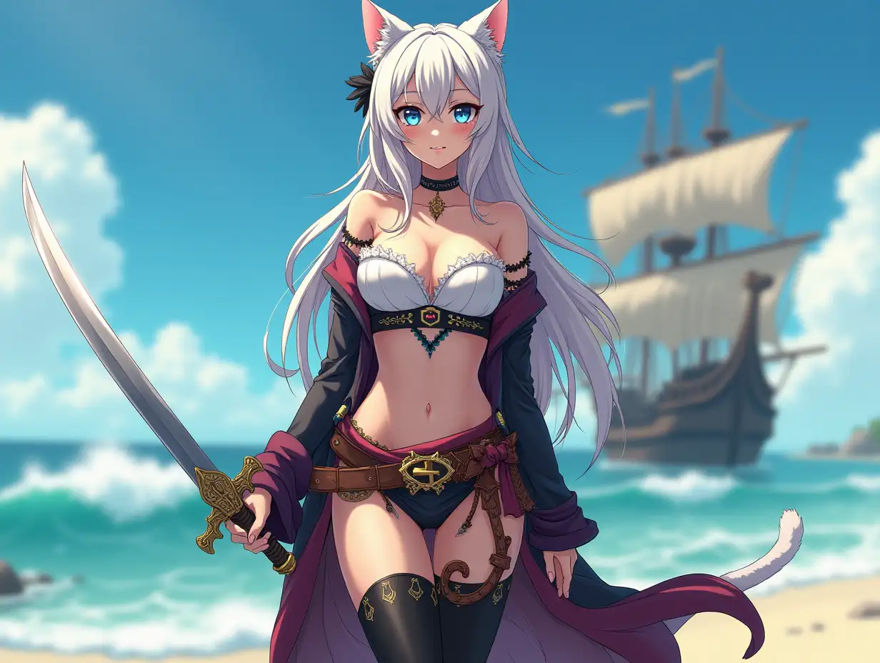 A mature adult tall feline/woman dressed as a pirate with a sword on a beach. A pirate ship in the background. Her 30-something years are disguised by her youthful facial features, except for her subtle wrinkles around the eyes, extremely slender body. Her ample bosom strains against her clothing, threatening to burst free from the fabric, extreme cleavage. Midriff. Wearing black thigh high pirate boots. She has piercing blue cat eyes. A choker adorns her neck, a subtle hint at her feline nature. Her long, white hair cascades down her back like a wild waterfall, tangled and disheveled. Her cat-like teeth glint in the light, as her white fur-lined ears punctuate her visage with sparkling black and gold earring adorns each ear, adding a touch of elegance to her feline features. Cat whiskers on her face. The attached tail at the base of her spine stirs lazily. Long fingernails. Full body view. Anime.