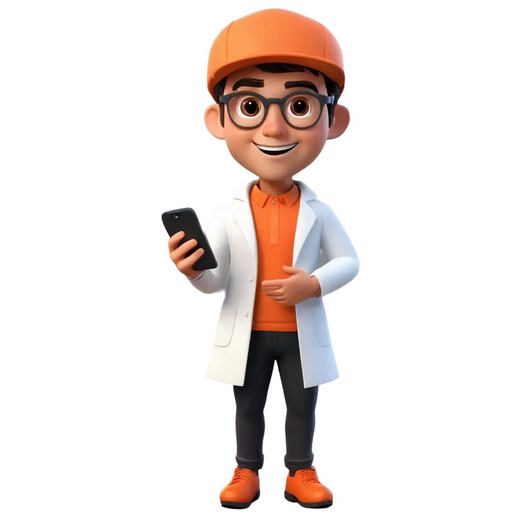 3D-Cartoon-Mascot-PNG-in-Baby-Superman-Style-Friendly-Lab-Coat-Character-with-iPhone