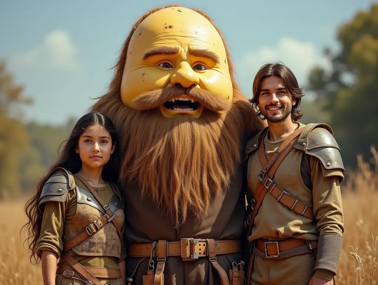 Ki-Fantasy family,Man,Woman, and Children, giant potato face with beard and with wooden armor equipment