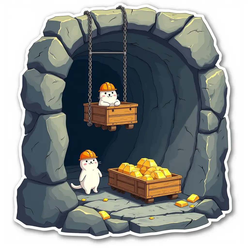 A curvilarly cut sticker depicting a mine lift in the section of an underground mine in a stone cliff. Little white miners, cats in orange hard hats, go down to mining trolleys loaded with ingots of iridescent uranium.  cut sticker design, high resolution, white background, paint in anime style