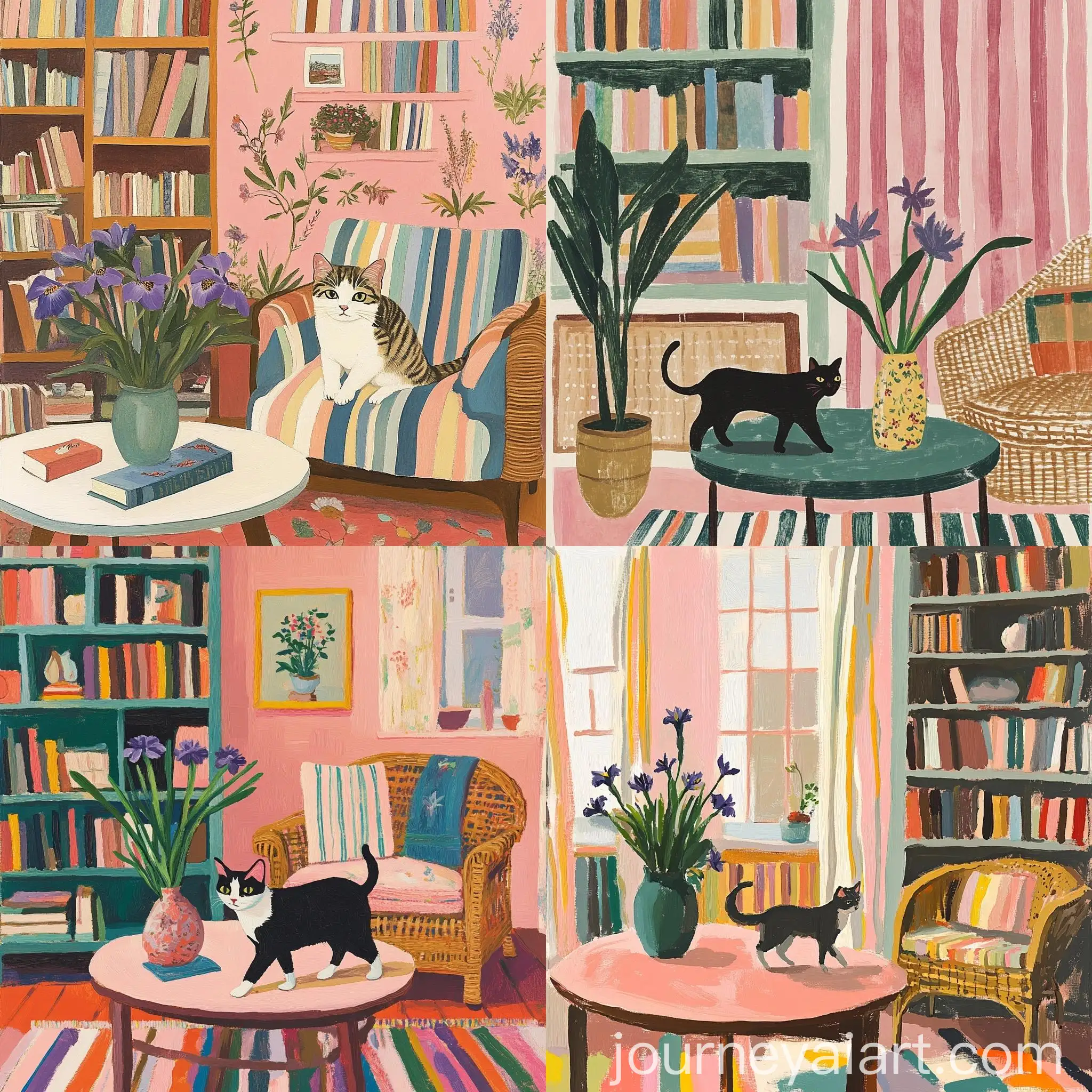 Cat-Walking-Past-Iris-Flower-Vase-in-Cozy-Living-Room