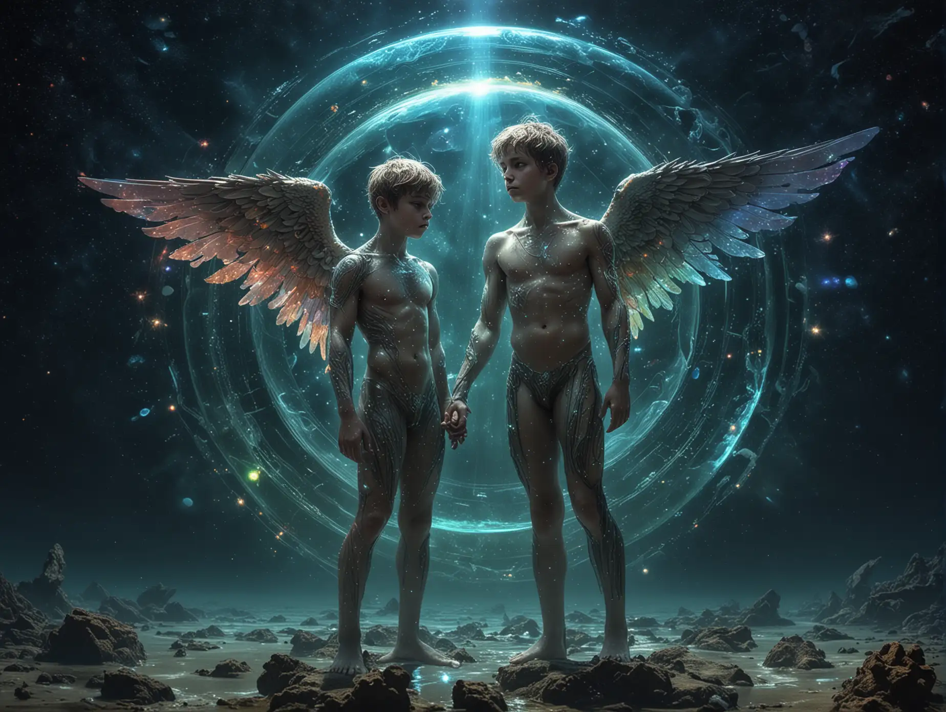 RGB Art Paragraph, Extraterrestrial Zodiac, Space, Sky, Stars, Double Exploitation, Singularity Edge, Boy, Full Length, Underwater, In Students Style, Angel Boy, Angel Boy, High Detail, HDR+, Fantasy