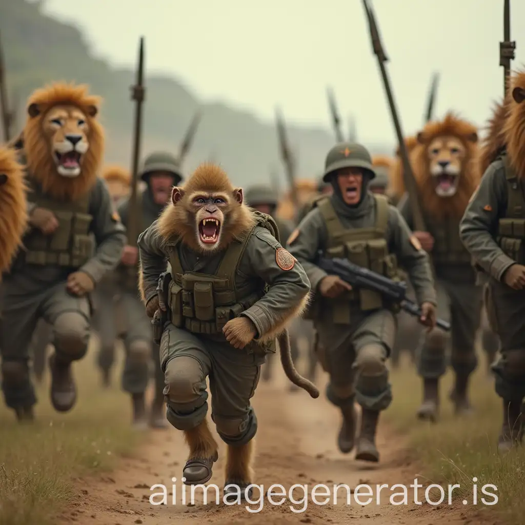 soldiers with monkey faces running away from soldiers with lion faces