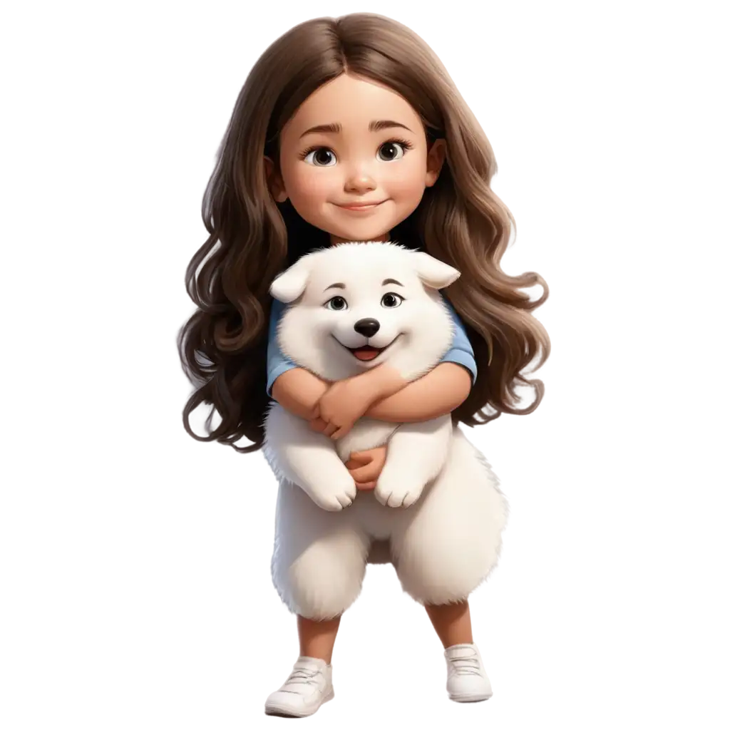 Brunette-Toddler-Girl-Hugging-White-Samoyed-Dog-in-Caricature-Style-PNG-Image