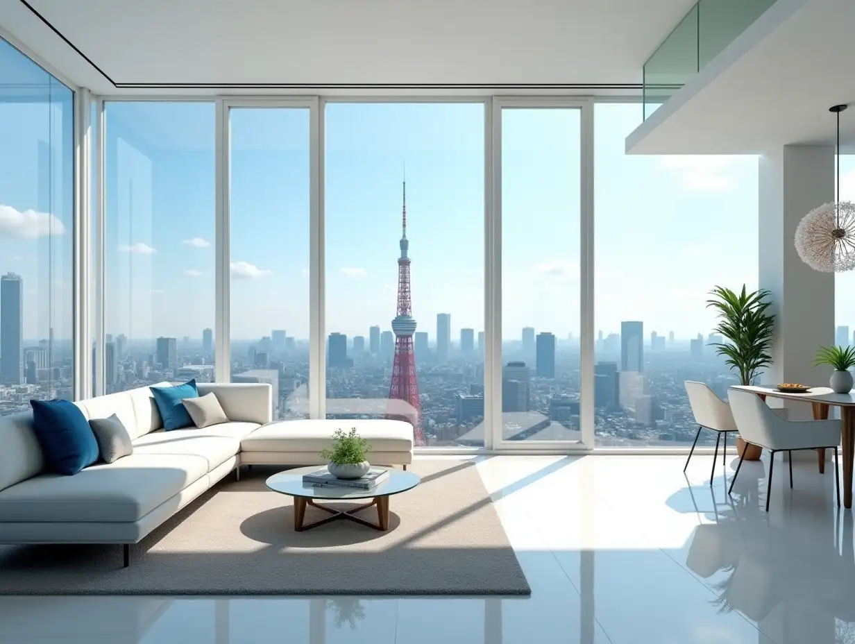 A luxurious, modern apartment with floor-to-ceiling glass windows offering a breathtaking daytime view of Tokyo Tower in the background. The living room is bright and spacious, filled with natural sunlight. Elegant, contemporary furniture includes a plush white L-shaped sofa with blue and gray accent pillows, a sleek glass coffee table, and minimalist décor with a touch of greenery. A stylish dining area with modern chairs and a hanging chandelier is visible near the window. The Tokyo city skyline stretches beyond, with a clear blue sky and a few soft clouds adding to the serene atmosphere. The apartment exudes a high-end, dreamy aesthetic.