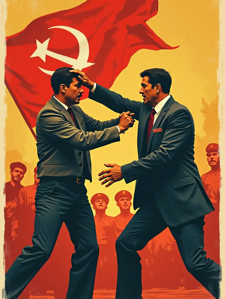 a man slaps another man in the style of a Soviet poster