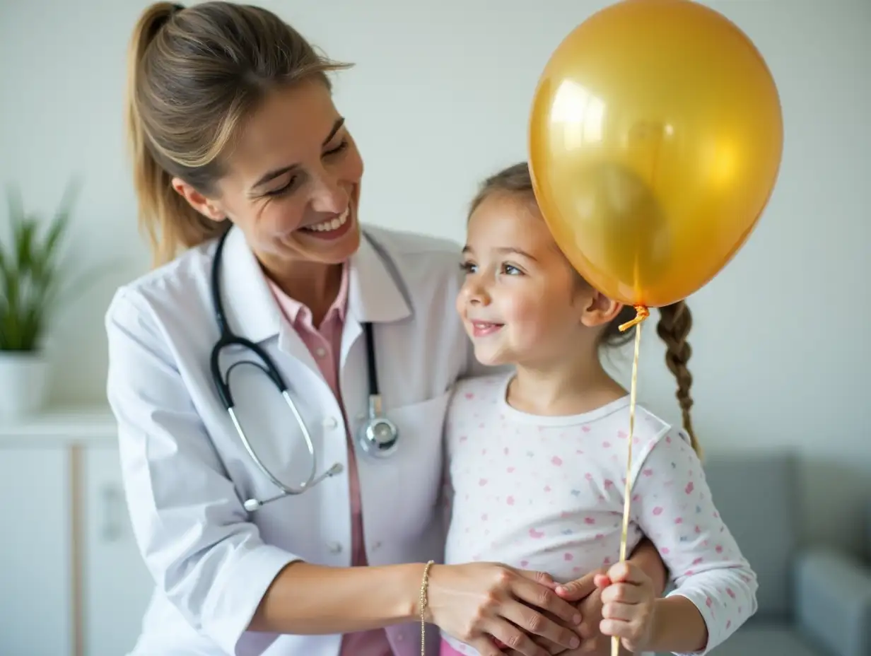 Doctor and little girl with golden balloon in clinic. Childhood cancer awareness concept