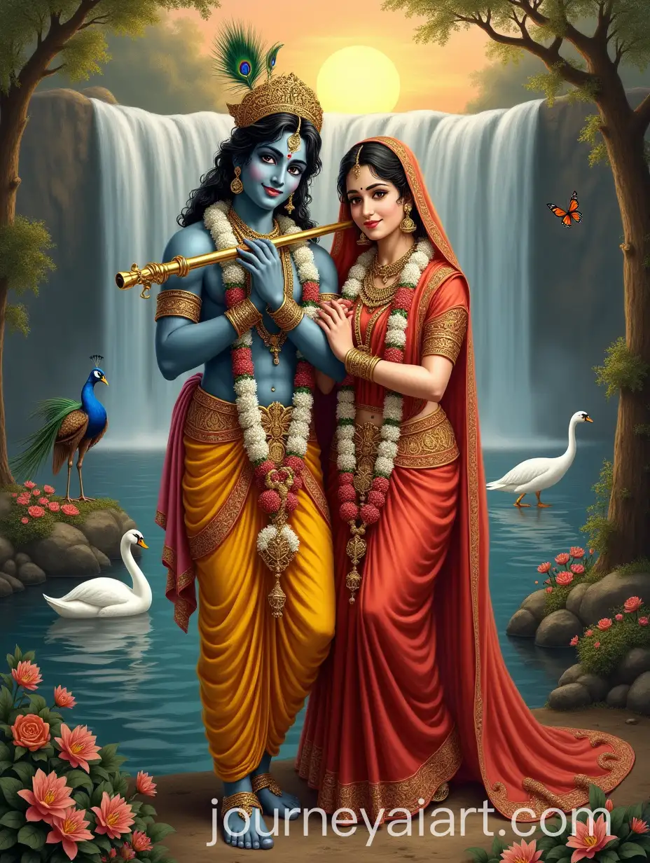 Radha-and-Krishna-with-Golden-Flute-and-Waterfall-Background