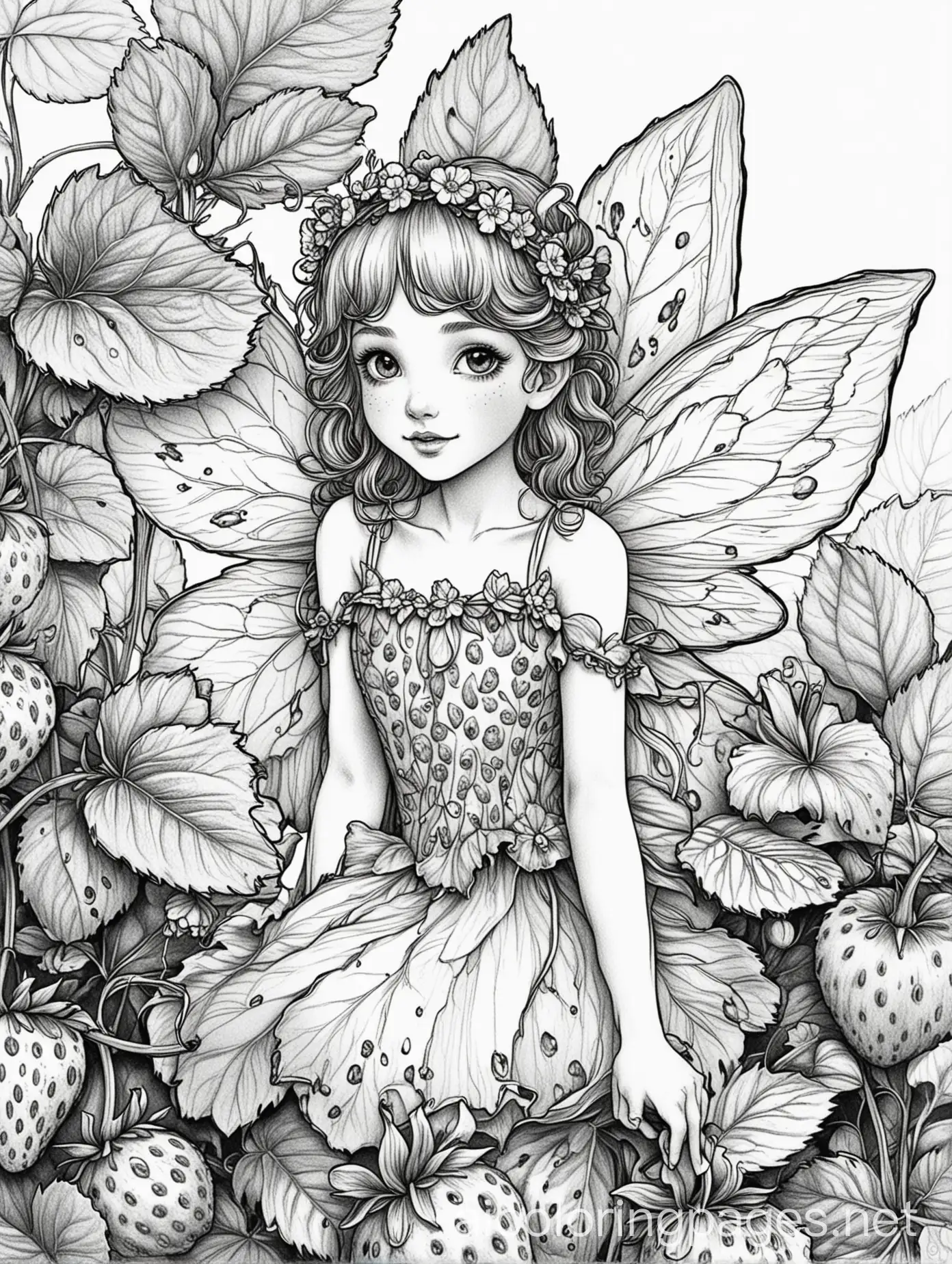 Strawberry-Fairy-in-a-Strawberry-Plant-Simple-Line-Art-Coloring-Page-for-Kids