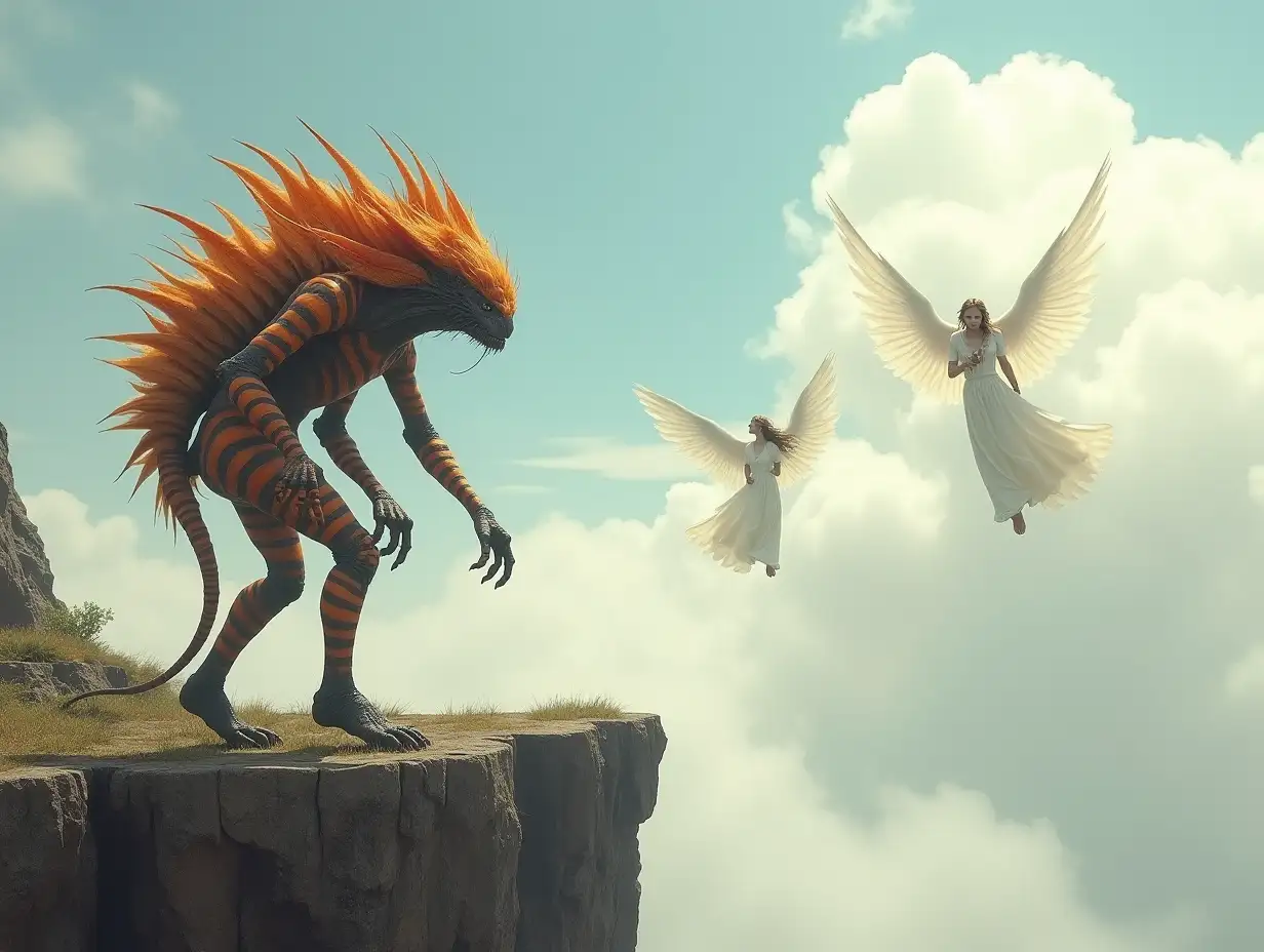 Humanoid-Mutant-with-Orange-and-Black-Stripes-on-a-Cliff-with-Angels-in-Fantasy-Sky