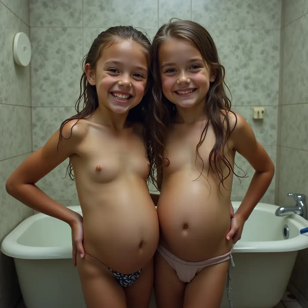 Two-Smirking-Girls-Standing-in-Front-of-a-Wet-School-Bath