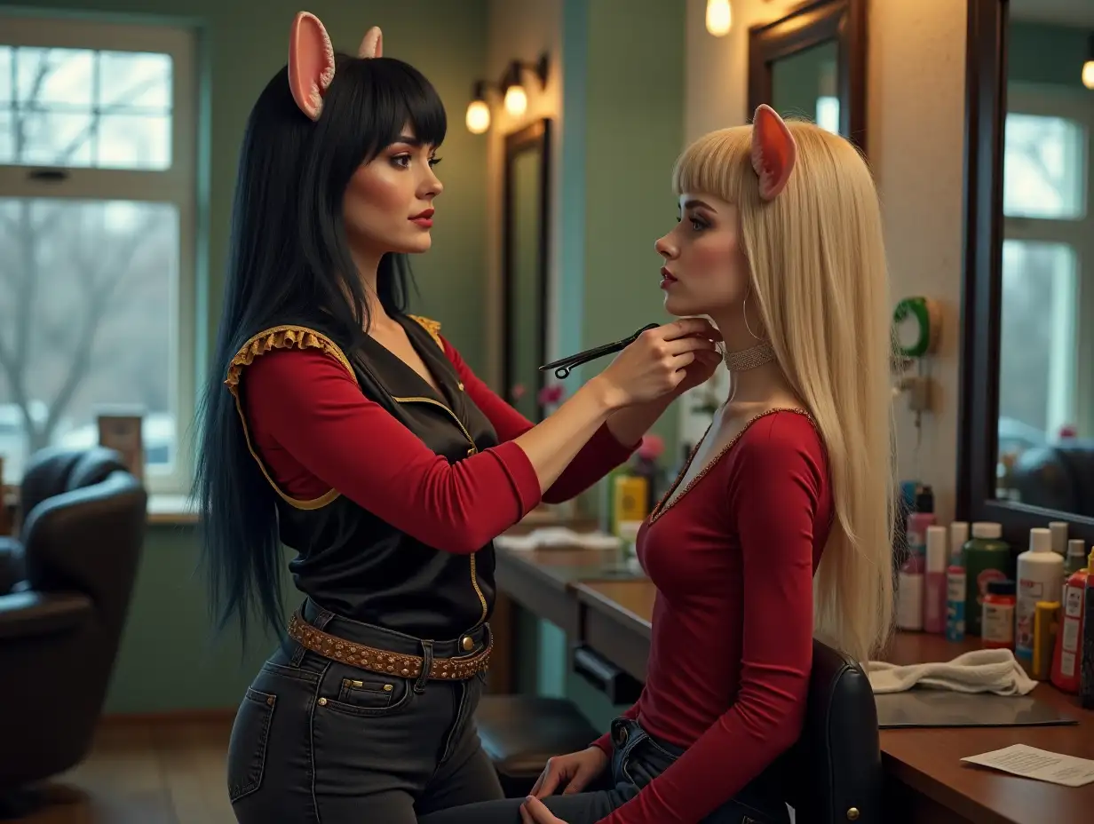 Full-body professional photo of a beautiful attractive fit curvy female hair dresser in her salon. (She's in profile, not looking in the camera.) She has an oval face with a well-defined jawline, thin high-angled soft-rounded eyebrows, almond-shaped eyeliner-framed chestnut eyes, a straight nose with mouse whiskers, full bow-shaped lips, mouse ears and, fused to her coccyx, tail. She has a fringe and long, straight, blueish black hair. She dons a black satin vest with golden frills, a v-necked scarlet jersey leaving plenty of cleavage, a sturdy studded belt, black tapered ripped acid-washed jeans, and pastel-green Sk8-Hi vans. With a scissor in her hand, her full focus is on styling a blonde long-haired male anthropomorphic mouse customer.