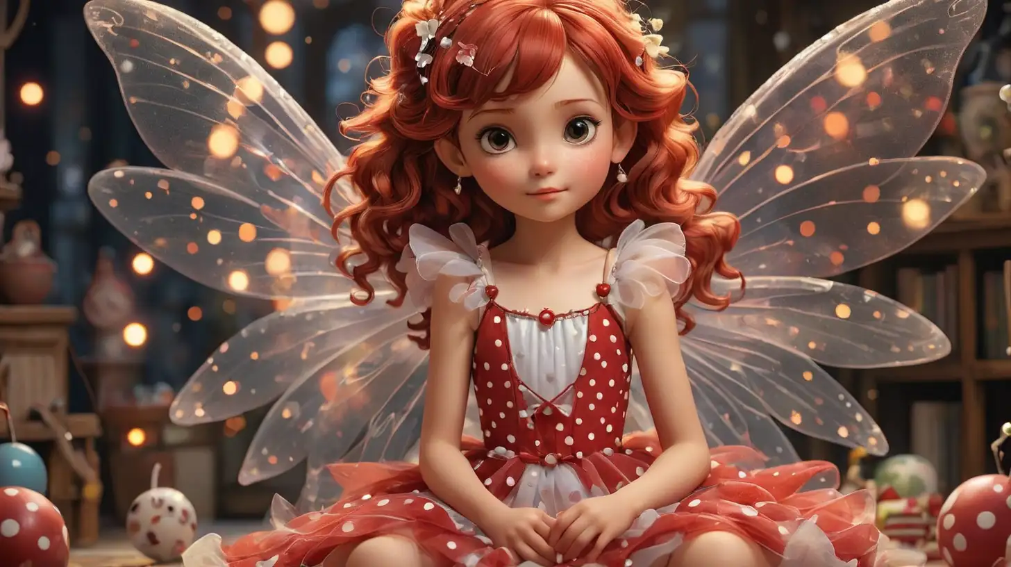 Beautiful Fairy with Sparkling Wings in Polka Dot Dress and Magical Toys