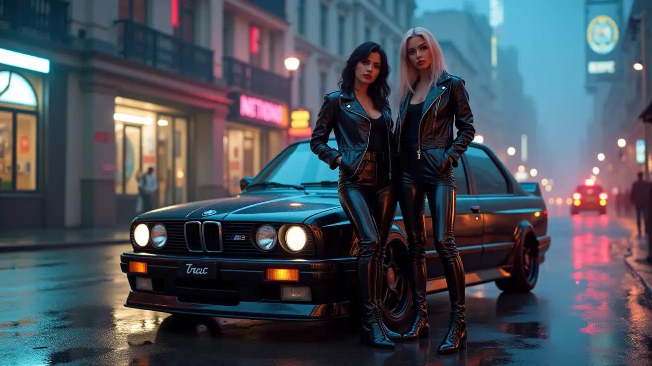 Cyberpunk-Women-in-Shiny-PVC-Outfits-with-BMW-M3-E30-at-Dusk-in-Futuristic-City