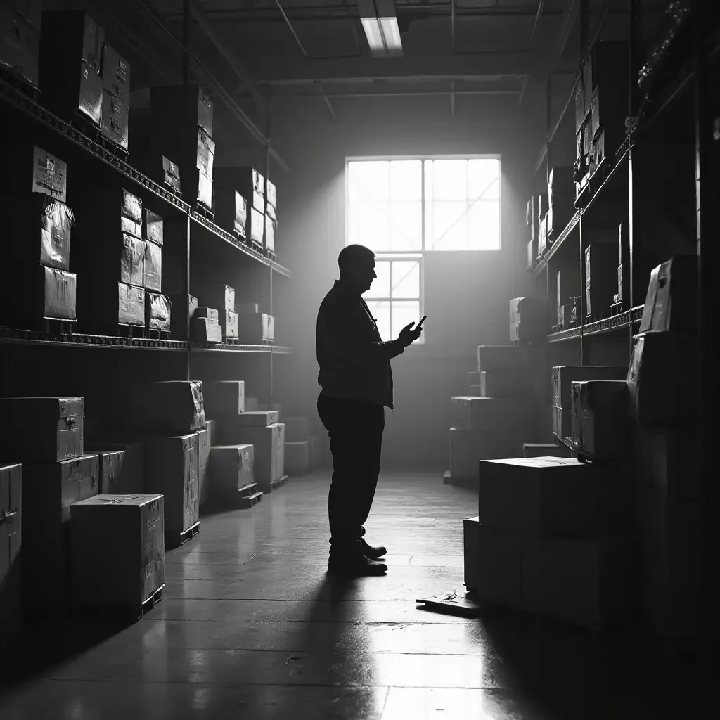 Custodian-in-a-Warehouse-Surrounded-by-Random-Boxes-in-Black-and-White