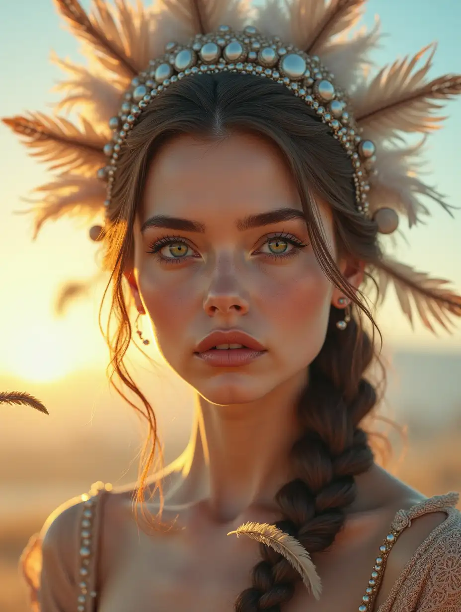 a super-detailed portrait of a woman of incredible beauty, facial aesthetics, skin pores, classic Slavic-type features, brown hair in a square, an intricate headdress in the form of fluffy feathers and moonstone beads on her head, rainbow-colored eyes, a delightful mood, hyperrealism and photographic quality of the image, a photo portrait with many perfectly crafted details, dynamic pose, from hands feathers are flying in different directions, against the background of clouds and dawn, sun glare