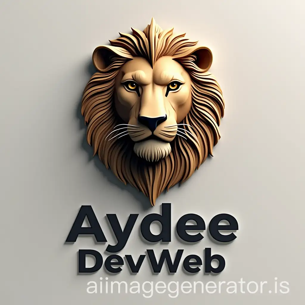 Crea un logo in 3D that highlights a majestic and detailed lion head. The lion should have a strong and elegant appearance, with a realistic flowing mane. Below the lion's head, include the text 'Aydee DevWeb' in a modern and professional typography, that complements the design. The background should be simple and elegant to highlight the logo.