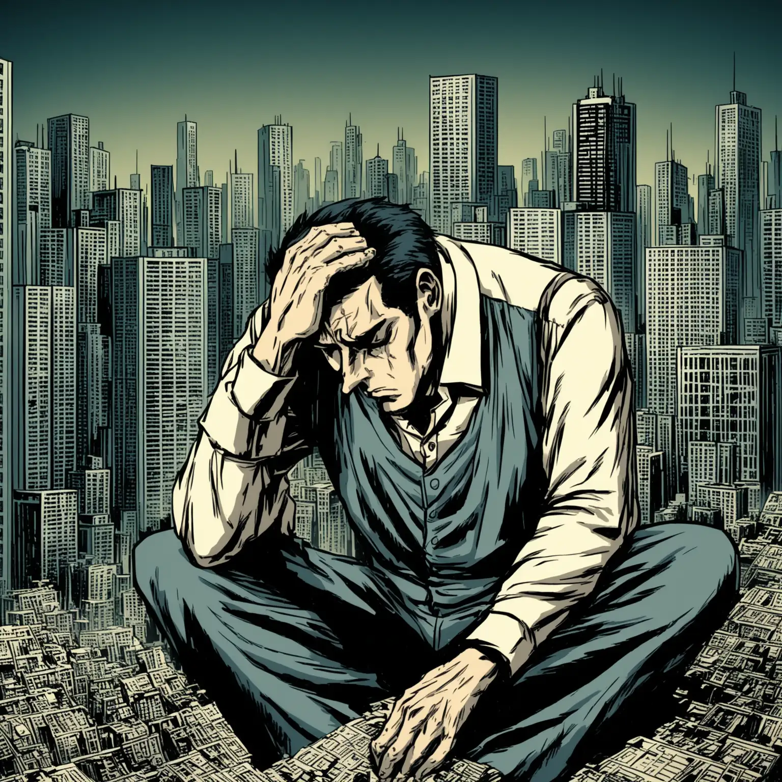 Exhausted-Man-Struggling-with-City-Life-and-Work-in-Comic-Style