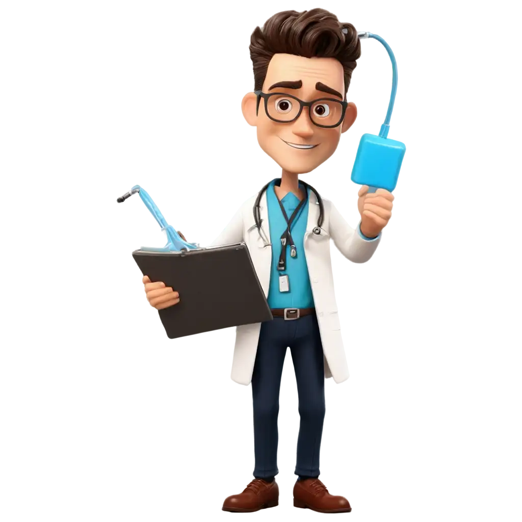 Caricature of a doctor with a skeleton for his head, holding defibrillator paddles in each hand