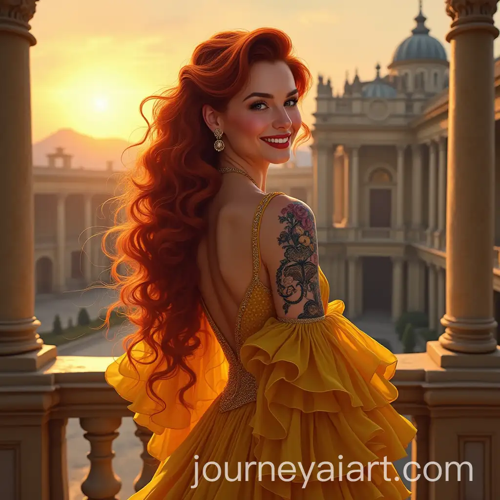 Regal-RedHaired-Woman-in-PolkaDot-Gown-on-Balcony-at-Sunset