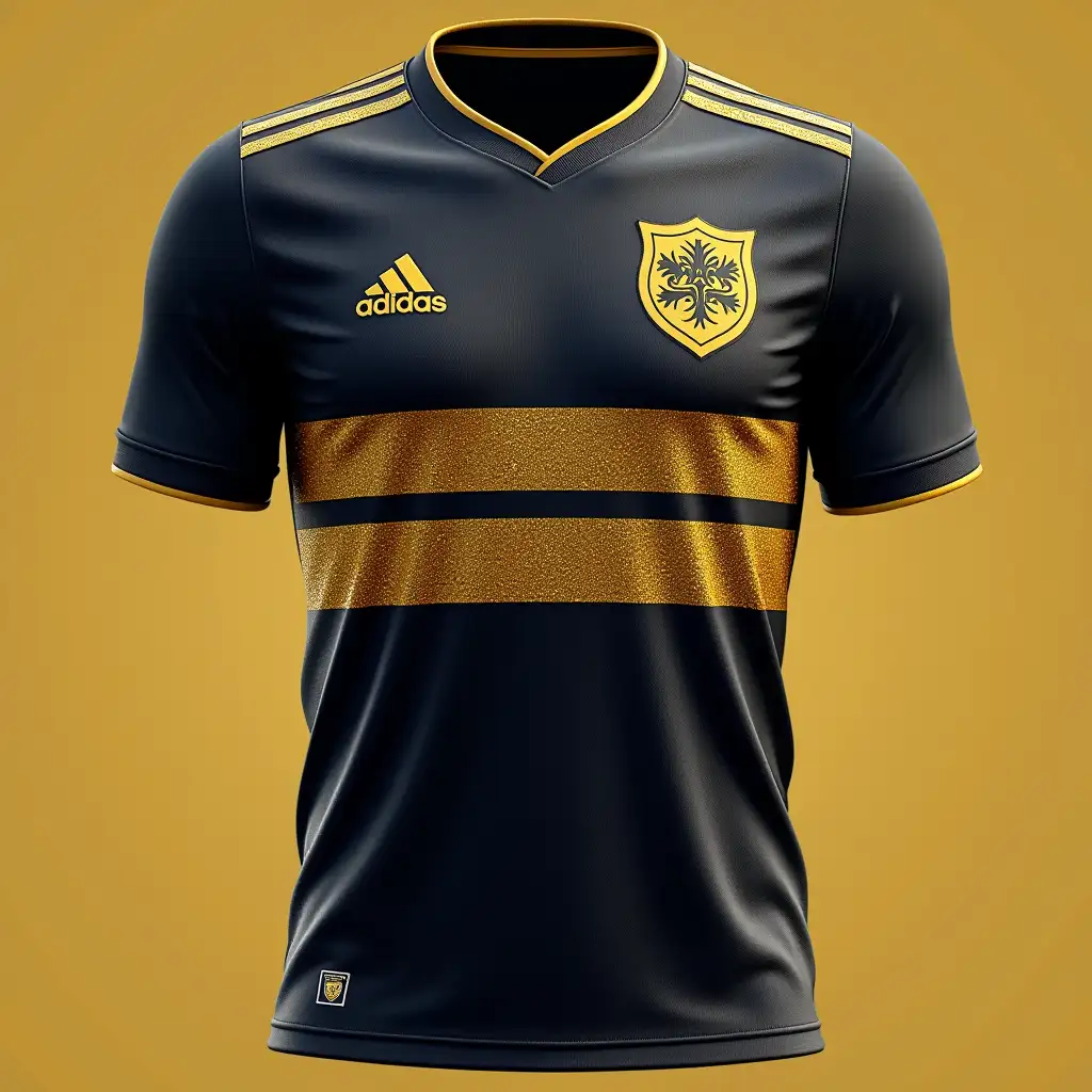 a football jersey, three glittering golden color strips infront, a logo on  left side of the chest written [ OSB FOOTBALL TEAM ]