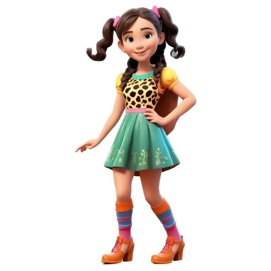 Cheerful-Girl-with-Pigtails-in-Colorful-Animal-Print-Dress-HighQuality-PNG-Image