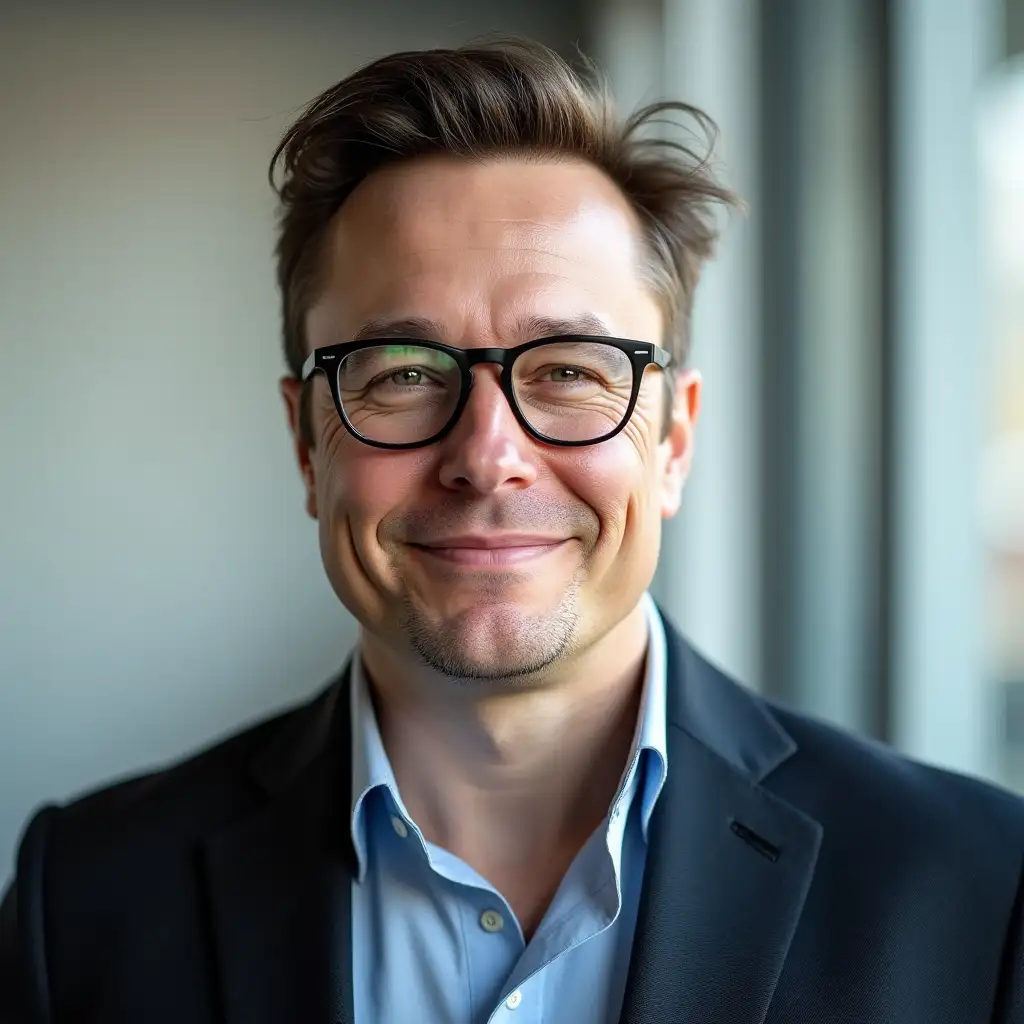 A hyper-realistic photograph of a product designer whose facial features are a blend of Elon Musk and Bill Gates. The individual has Musk's sharp, angular facial structure and confident expression, combined with Gates-style glasses, a neatly combed hairstyle, and a friendly, approachable smile. The subject wears a modern smart blazer over a casual shirt, exuding professionalism and creativity. Shot with high-quality studio photography techniques, including soft diffused lighting, realistic skin textures, and a shallow depth of field to create a natural bokeh effect in the minimalistic background. The colors are true-to-life, and fine details such as pores, reflections in glasses, and fabric textures are clearly visible