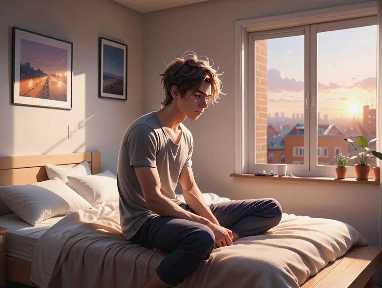 2D ANIMATION, personality: Depicts the atmosphere of a slightly messy bedroom. Featuring the main character, a young male designer, who has just woken up from his sleep with an exhausted expression, Capturing the warm and inviting morning light coming in through the window, creates a warm morning atmosphere. Machines are not real, very real --q 2 --v 5.2 --ar 16:9