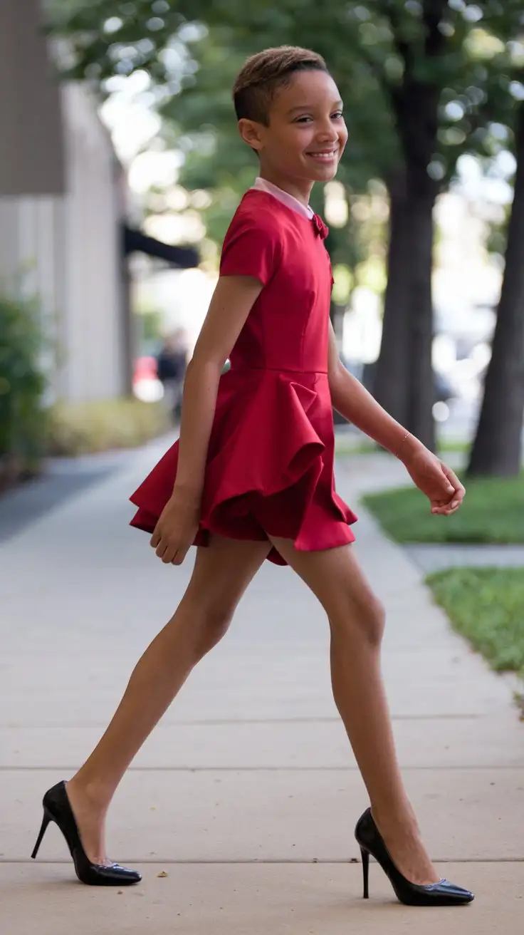 young little boy wear red dress and black ballet high heels and walking to school and short hair and long legs and smiling