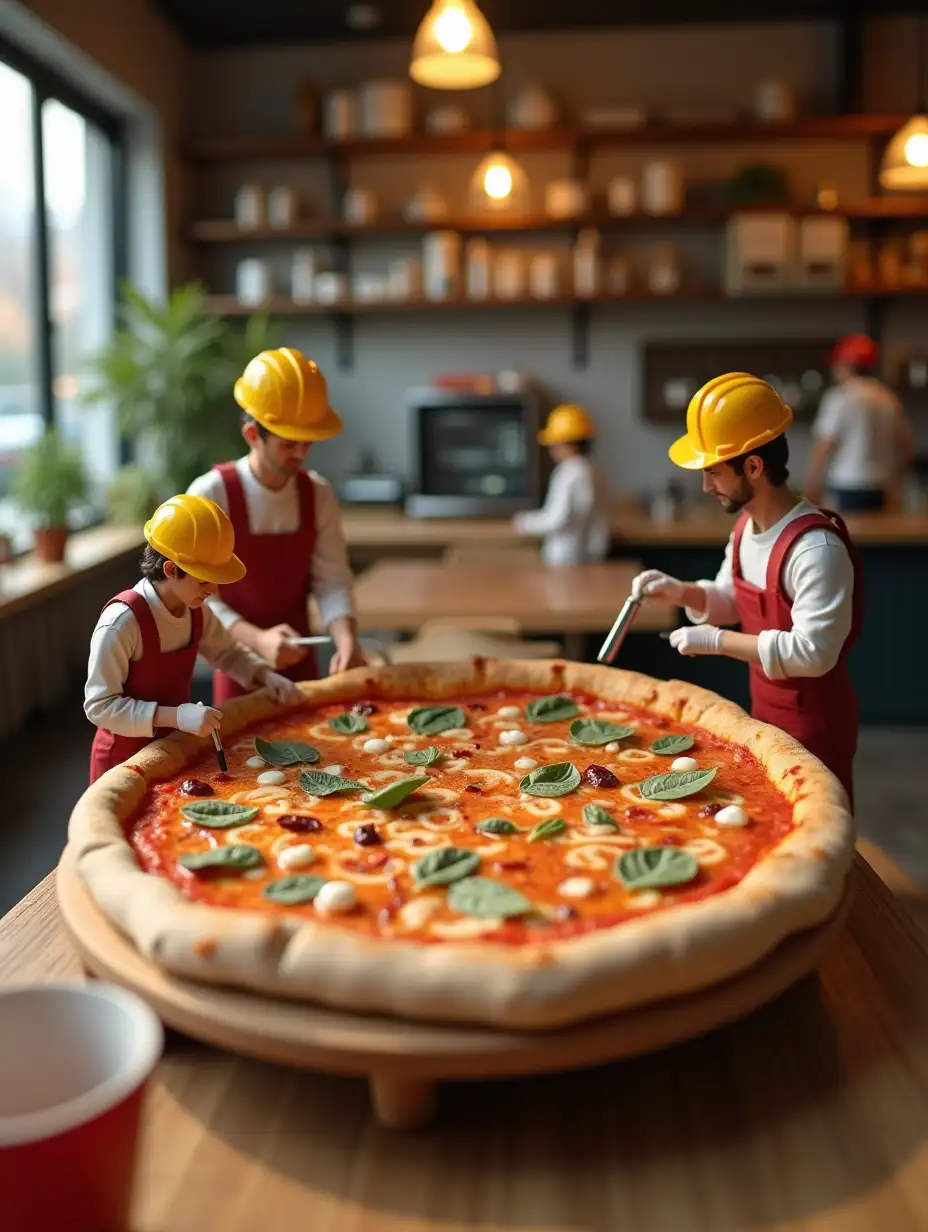 An image of miniature construction workers making a realistic large pizza on a table in a cafe