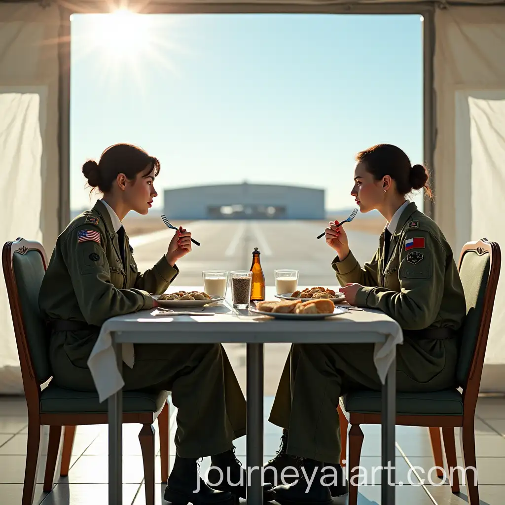 Military-Female-Pilots-Eating-Dumplings-in-a-White-Camp-Dining-Tent-at-Sunrise