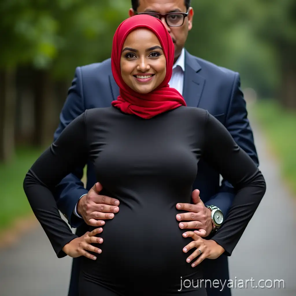Confident-Young-Woman-in-Black-Dress-with-Red-Hijab-Outdoors-with-Supportive-Partner