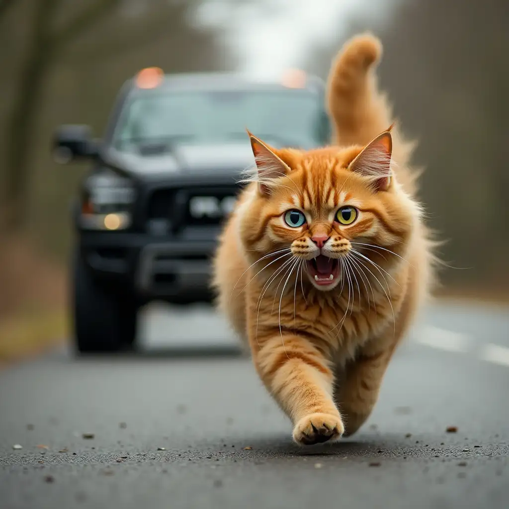 A fluffy ginger cat, in horror, runs along the road, one eye blue, the other yellow, a large black RAM TRX car is chasing it