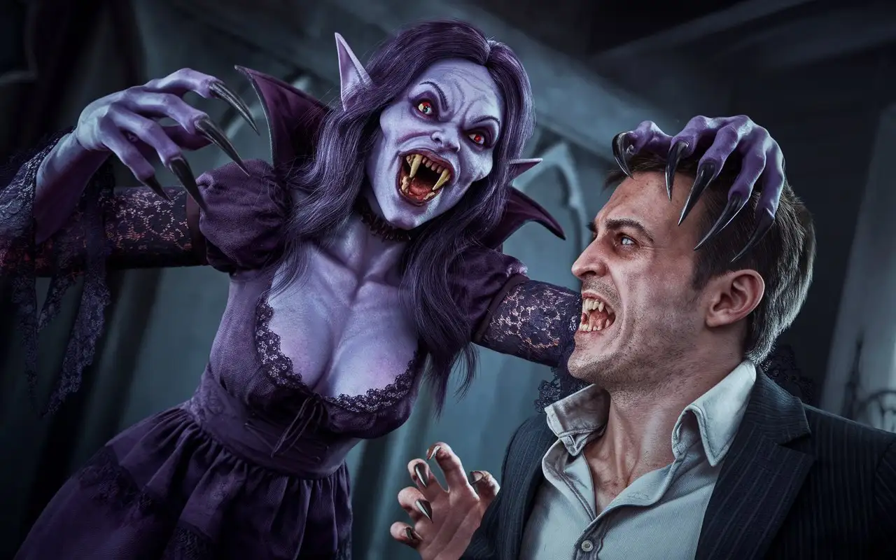 The scene takes place in the first person, a female  creepy monstrous vampire face to face with her victim, she is a man She grabs him by the shoulders with her claw-like fingernails and bares her fangs for the attack, which adds to the horror of the scene