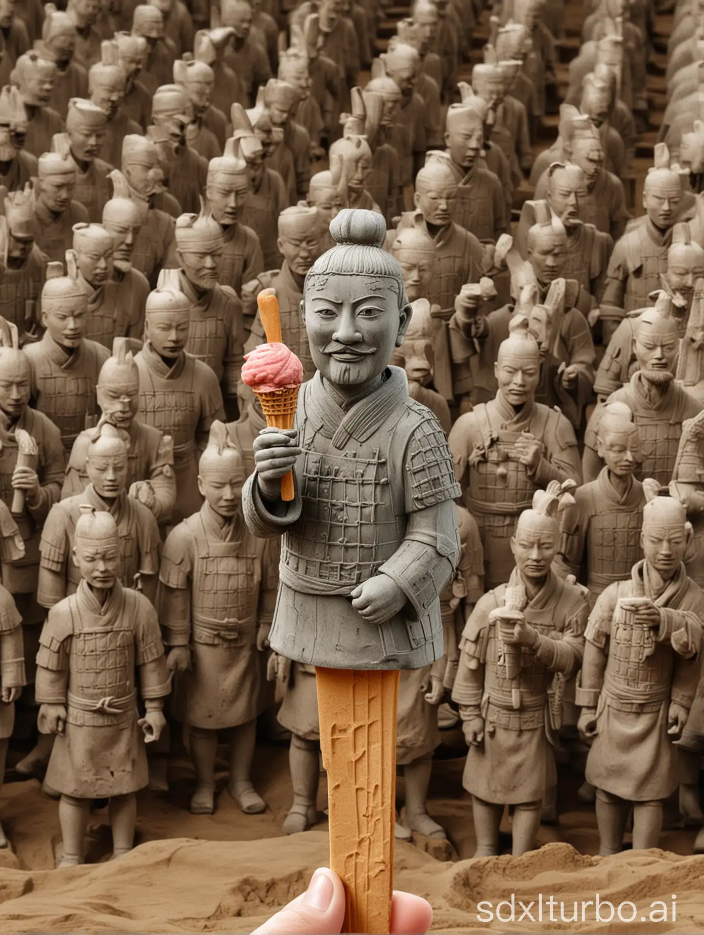 Terracotta-Army-Hand-Holding-Ice-Cream-Popsicle-in-Xian