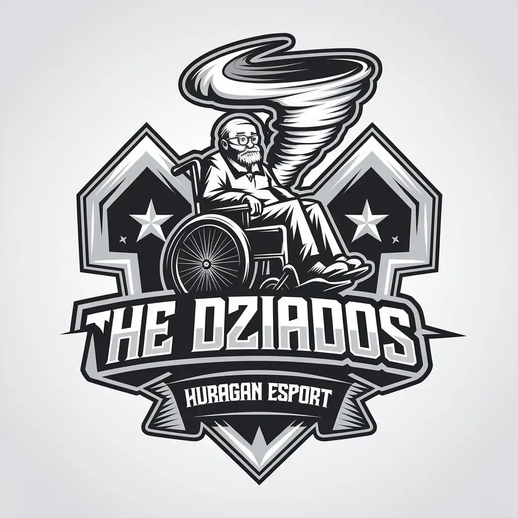 LOGO Design for The Dziados Black White Esport Coat of Arms with Grandpa Wheelchair and Tornado Symbolism