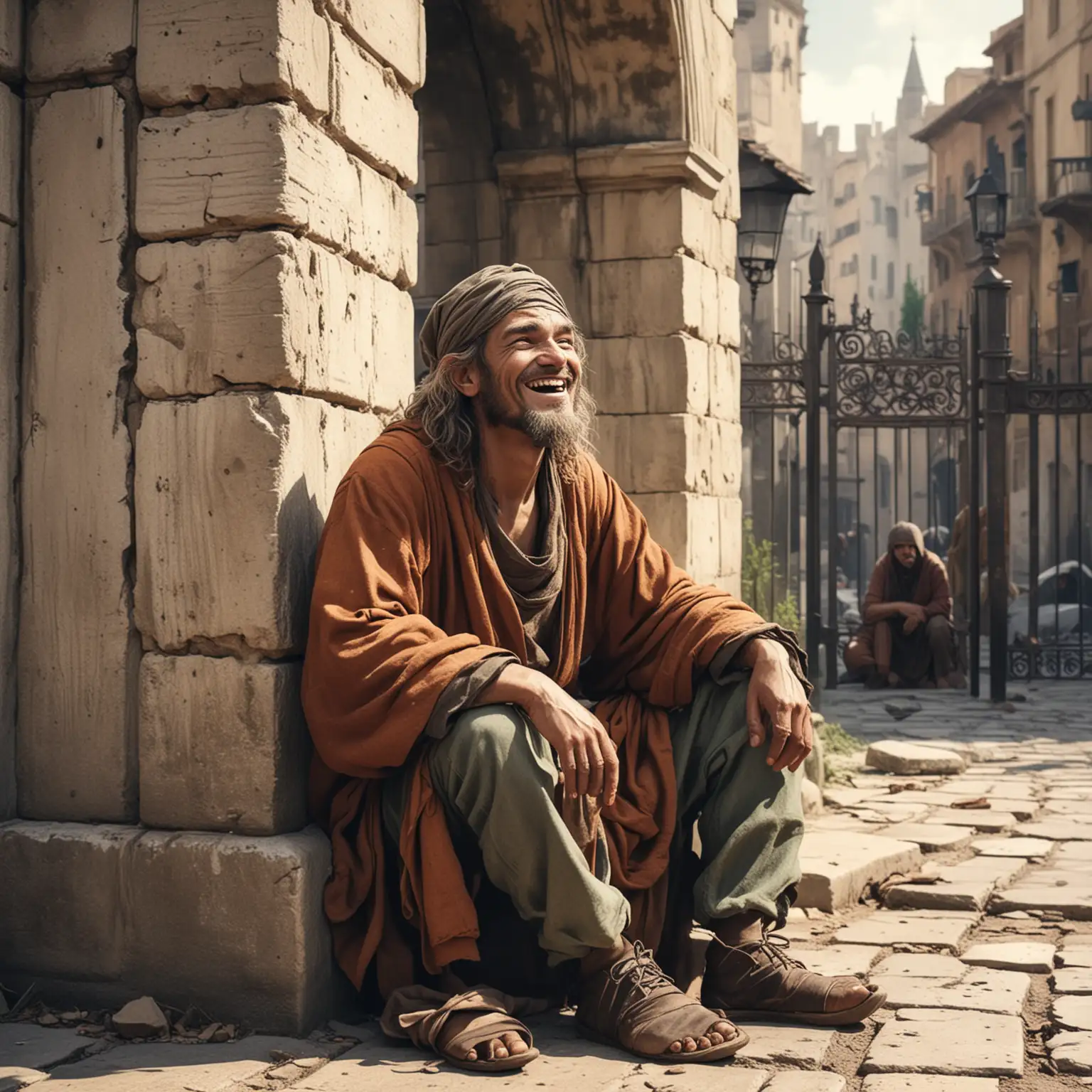 Beggar-at-City-Gates-in-Ancient-Era-with-Smiling-Companion-Comic-Style