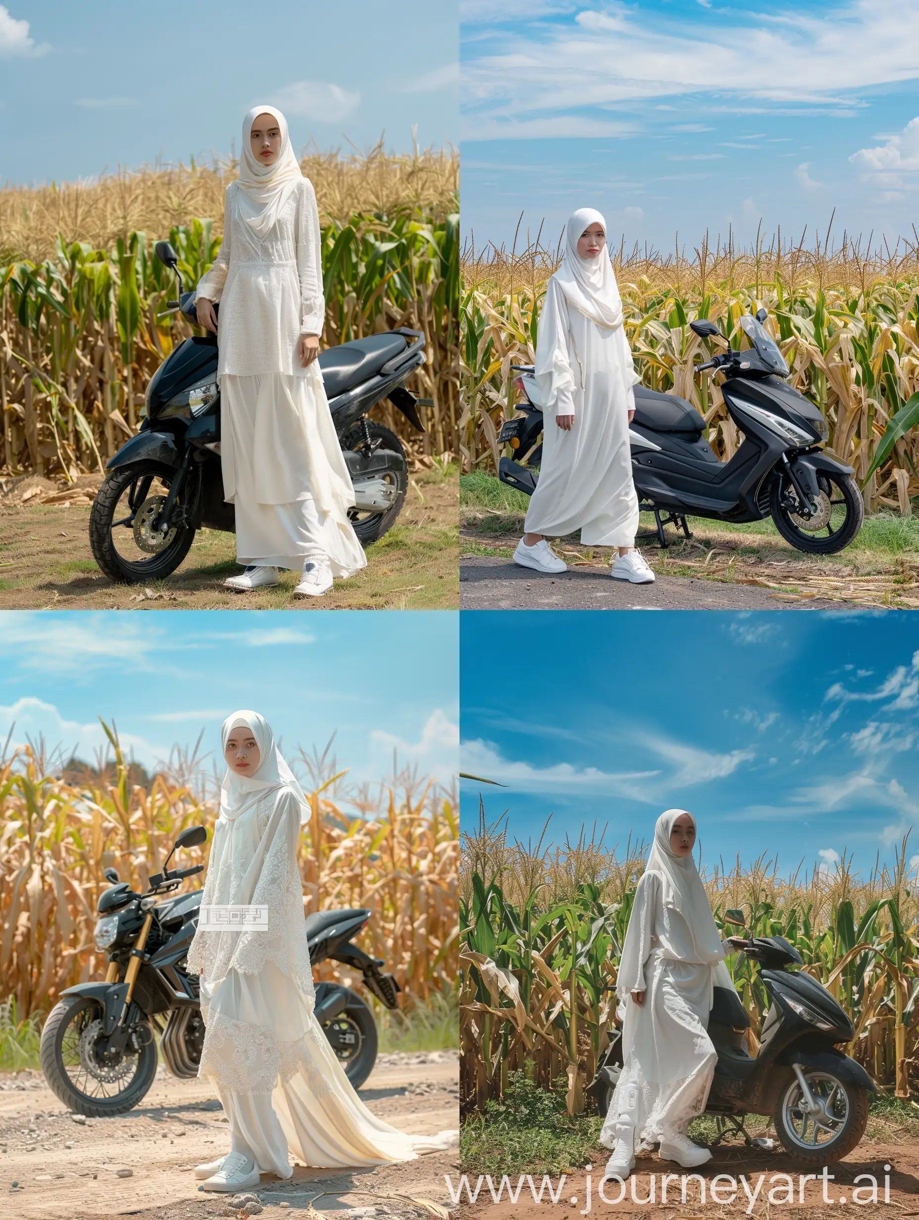 Indonesian-Woman-in-Jilbab-and-Kebaya-Standing-by-Motorcycle-in-Cornfield