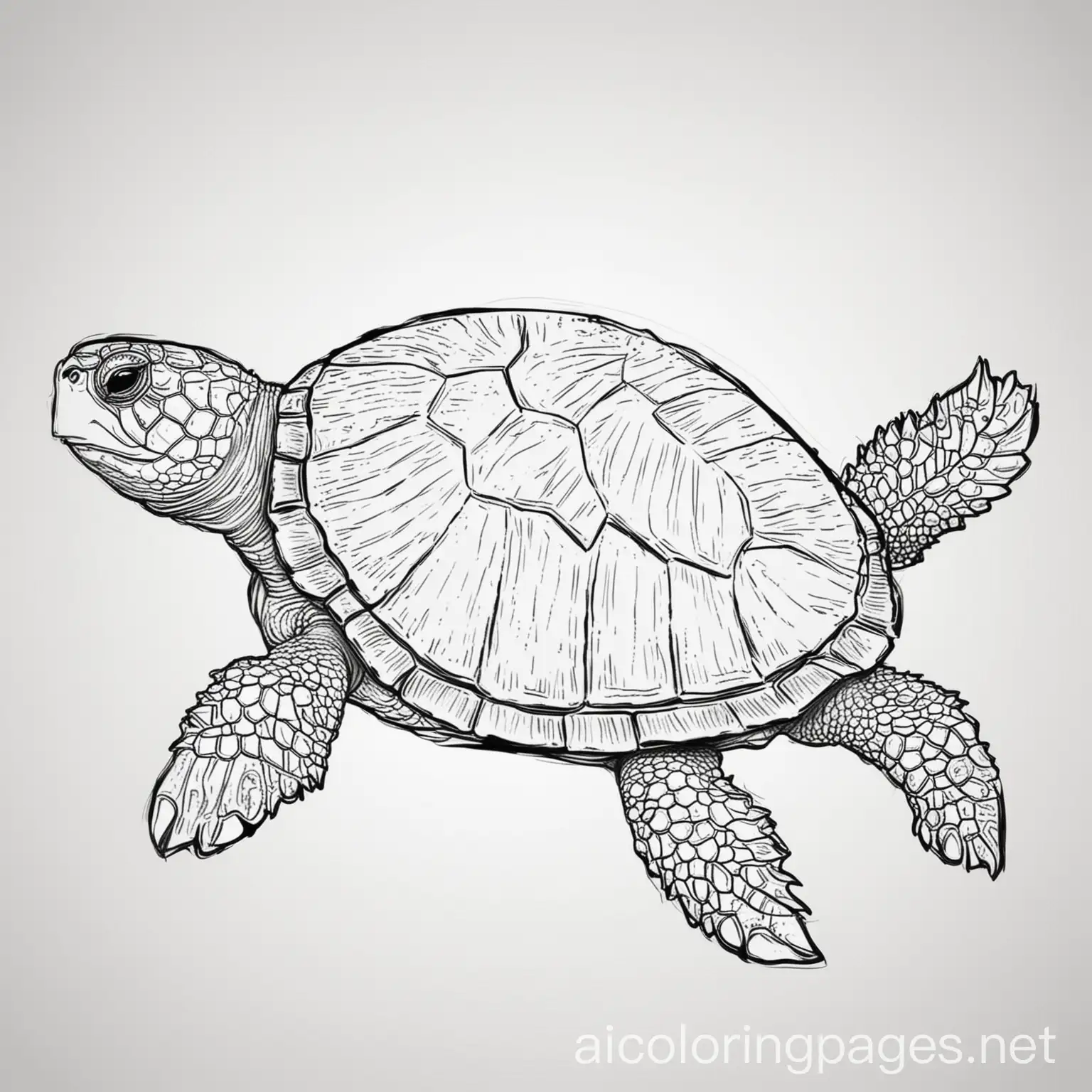 Turtle, Coloring Page, black and white, line art, white background, Simplicity, Ample White Space. The background of the coloring page is plain white to make it easy for young children to color within the lines. The outlines of all the subjects are easy to distinguish, making it simple for kids to color without too much difficulty