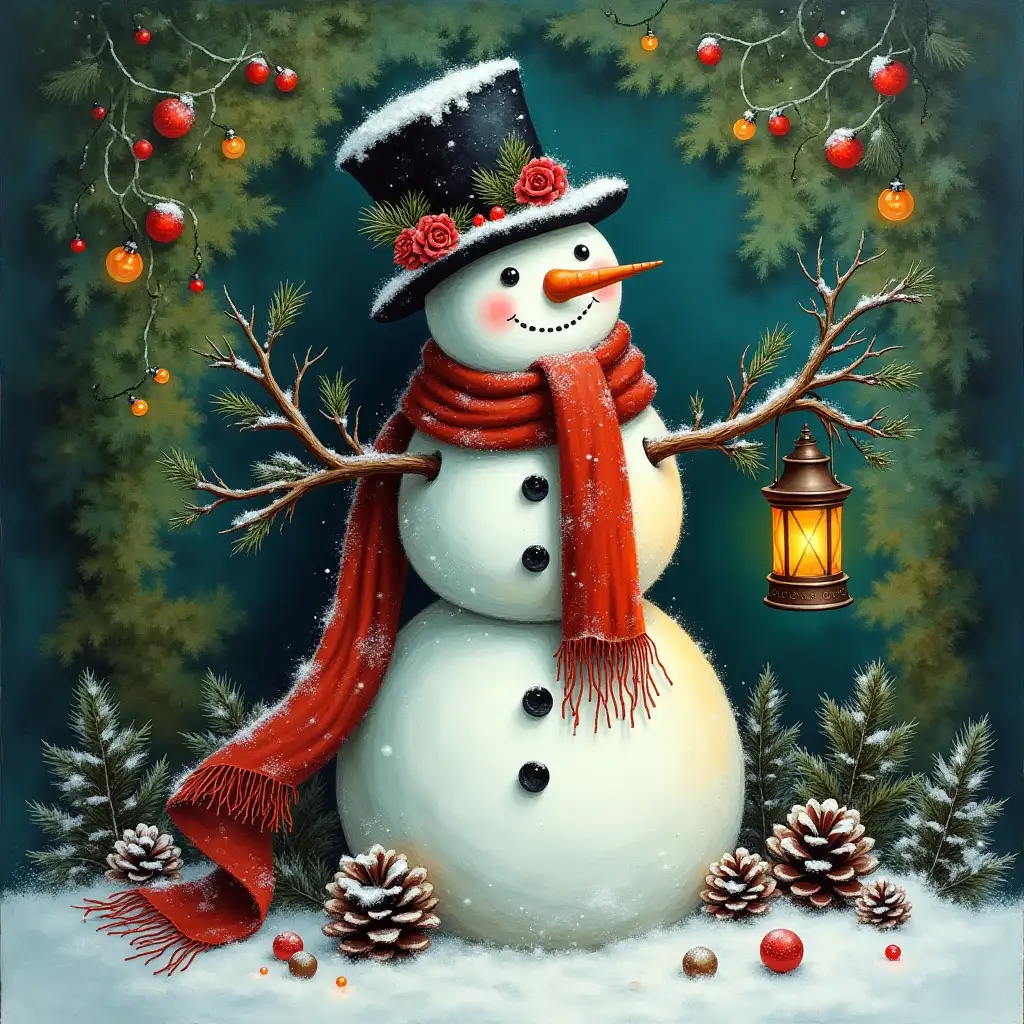 Festive Snowman Surrounded by Christmas Decorations and Lights