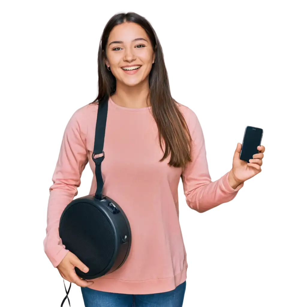 PNG-Image-of-a-Girl-Smiling-Happily-While-Listening-to-Music-from-a-Portable-Speaker