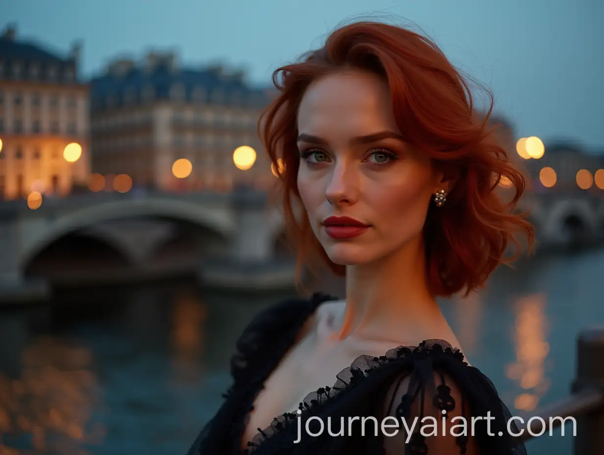 Russian-Woman-with-Red-Hair-in-Givenchy-Evening-Style-Against-Pont-Neuf-Paris