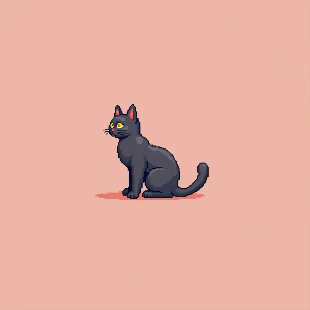 Simple pixel art style cat illustration with solid color background. The main character takes up 90% of the frame and has a blocky, pixelated appearance. The background is a single solid color without any additional elements or textures, enhancing the retro pixel art feel.