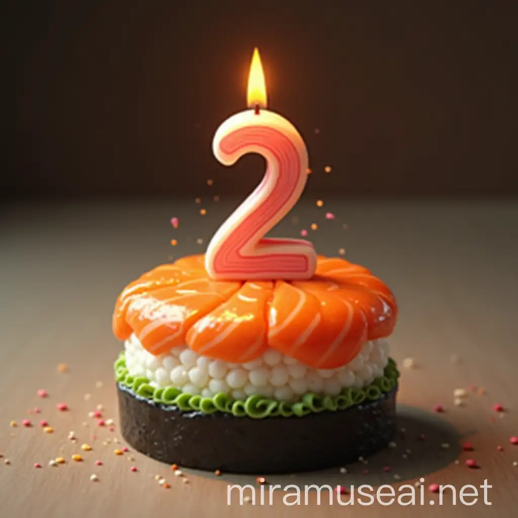 Sushi Birthday Cake with Number Two Candle Festive Celebration Concept