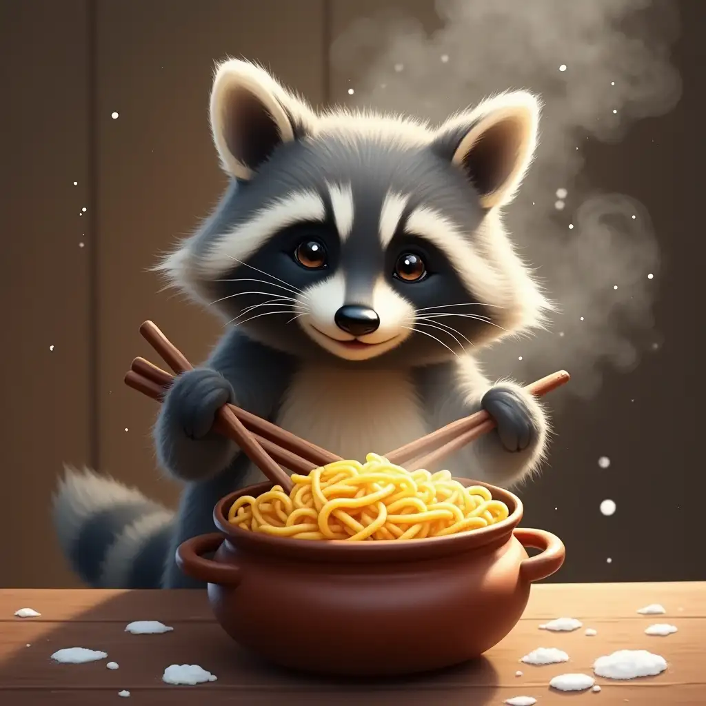 Image is a whimsical, digitally illustrated scene featuring a raccoon with realistic fur texture and expressive eyes, stirring a steaming pot of noodles. The raccoon is positioned centrally, with its paws gripping wooden chopsticks, and its fur is detailed with shades of gray and black, accented by a distinctive mask-like pattern around its eyes. The background is softly blurred, suggesting a rustic kitchen setting with warm, earthy tones. Steam rises dramatically from the pot, adding a sense of motion and warmth to the composition. Snow-like particles are scattered around, enhancing the magical, surreal atmosphere. The pot is a deep brown ceramic, contrasting with the bright yellow of the noodles. The overall style is a blend of realism and fantasy, capturing a playful and imaginative moment.