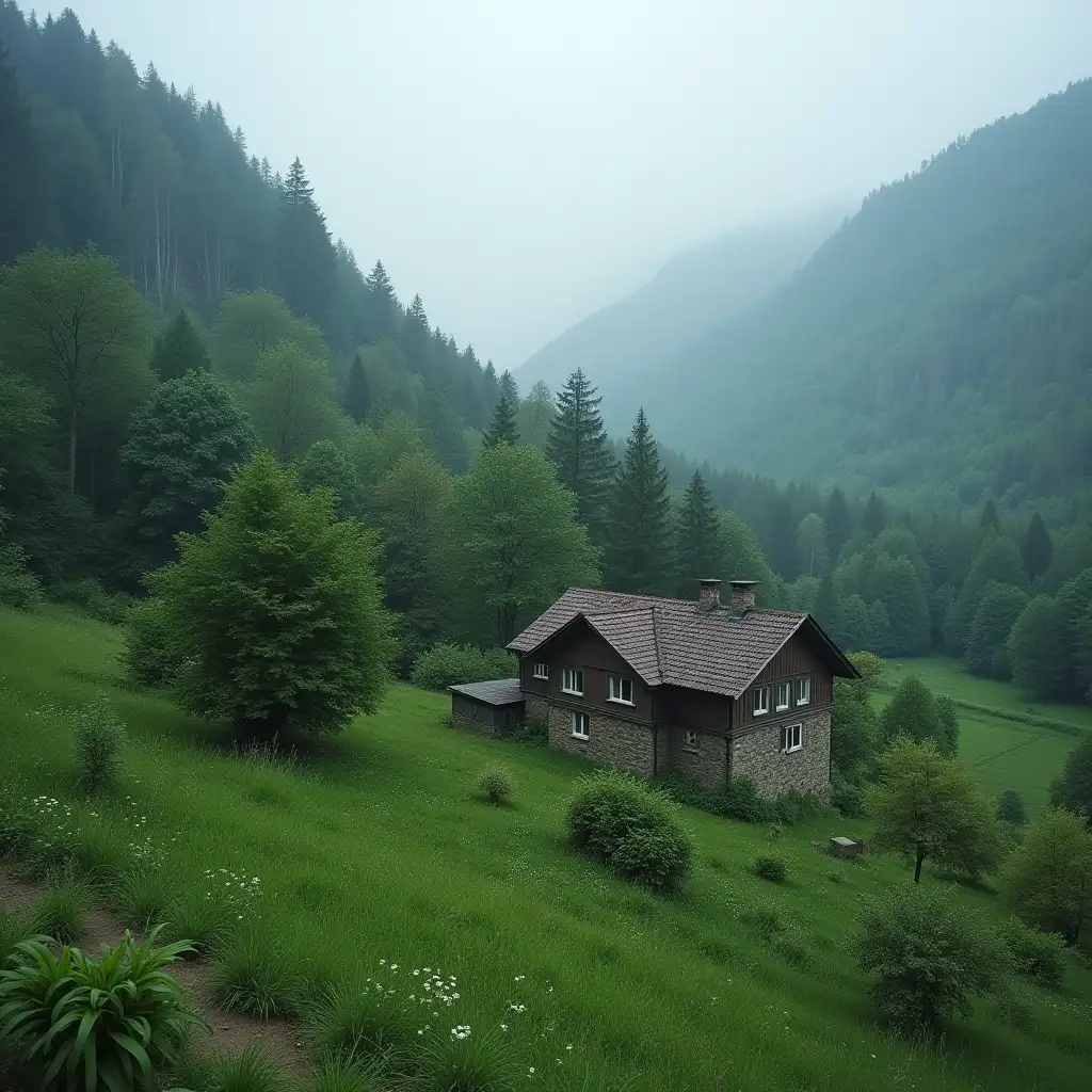 House in the mountain and surrounding places are greenish and there was rain in that house young couple  are living  