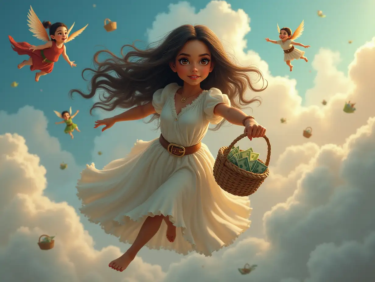 Fantasy-World-with-Elves-Flying-Floating-Clouds-and-a-BrownSkinned-Woman-Holding-Baskets-of-Money