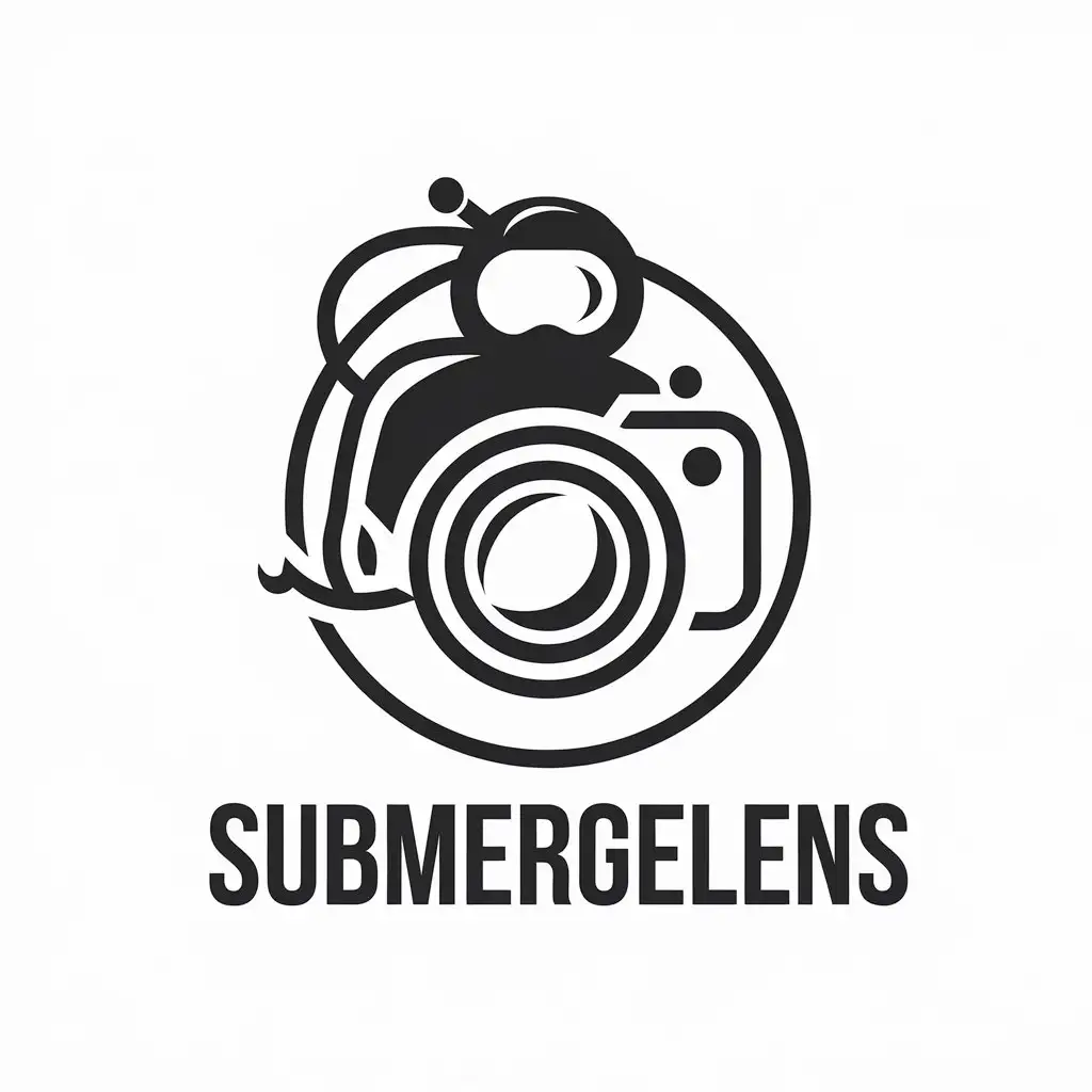 a vector logo design,with the text "SubmergeLens", main symbol:Scuba Diver，Camera,Minimalistic,be used in Travel industry,clear background